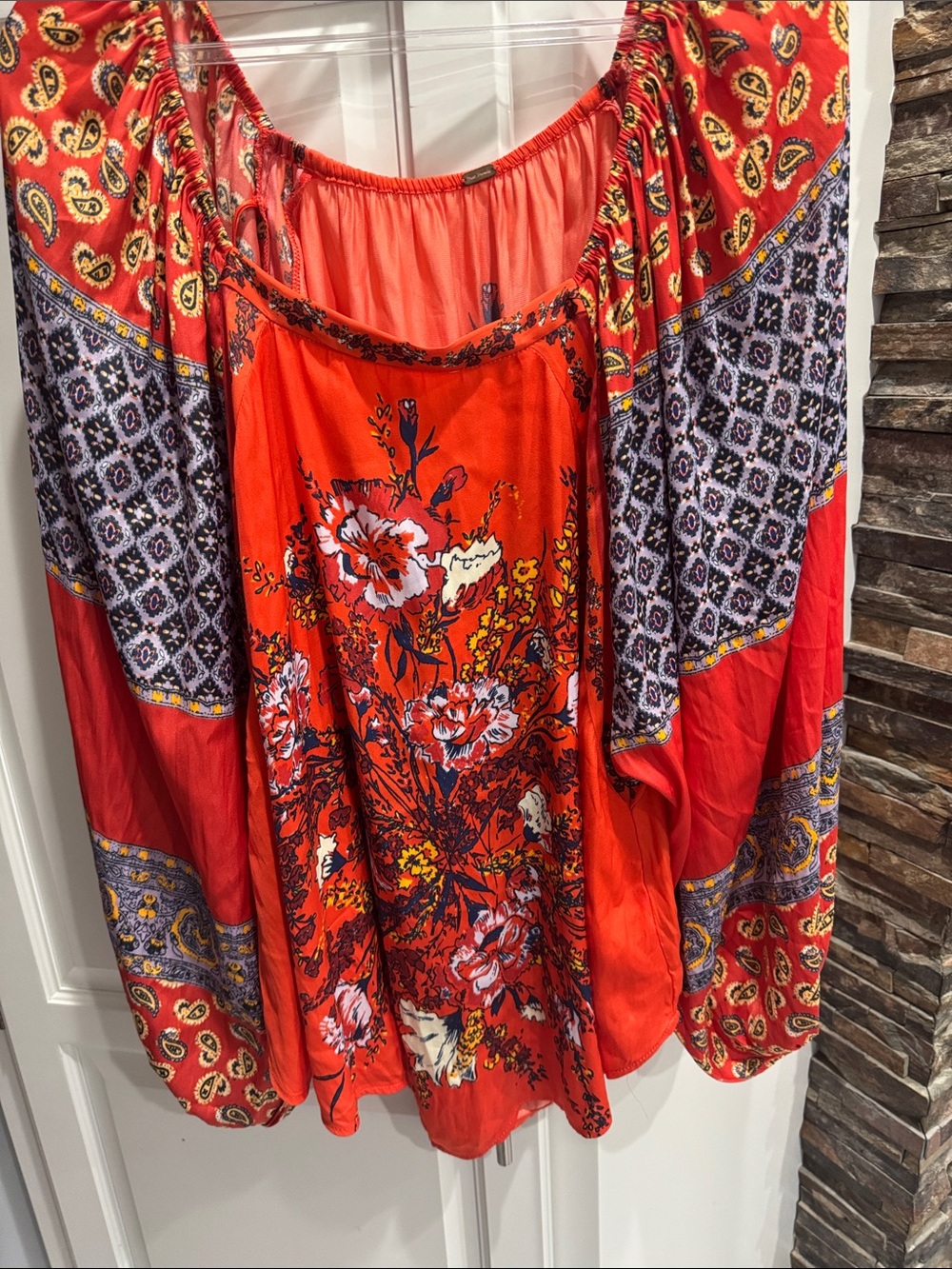 Free People Red Floral Boho Peasant Blouse